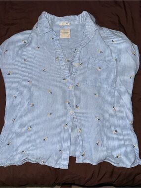Light Blue Striped Button-Up Shirt with Small Embroidery